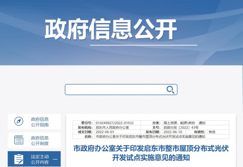 江蘇啟東：禁止戶用光伏貸款，力爭到2023年底建成300MW分布式光伏！
